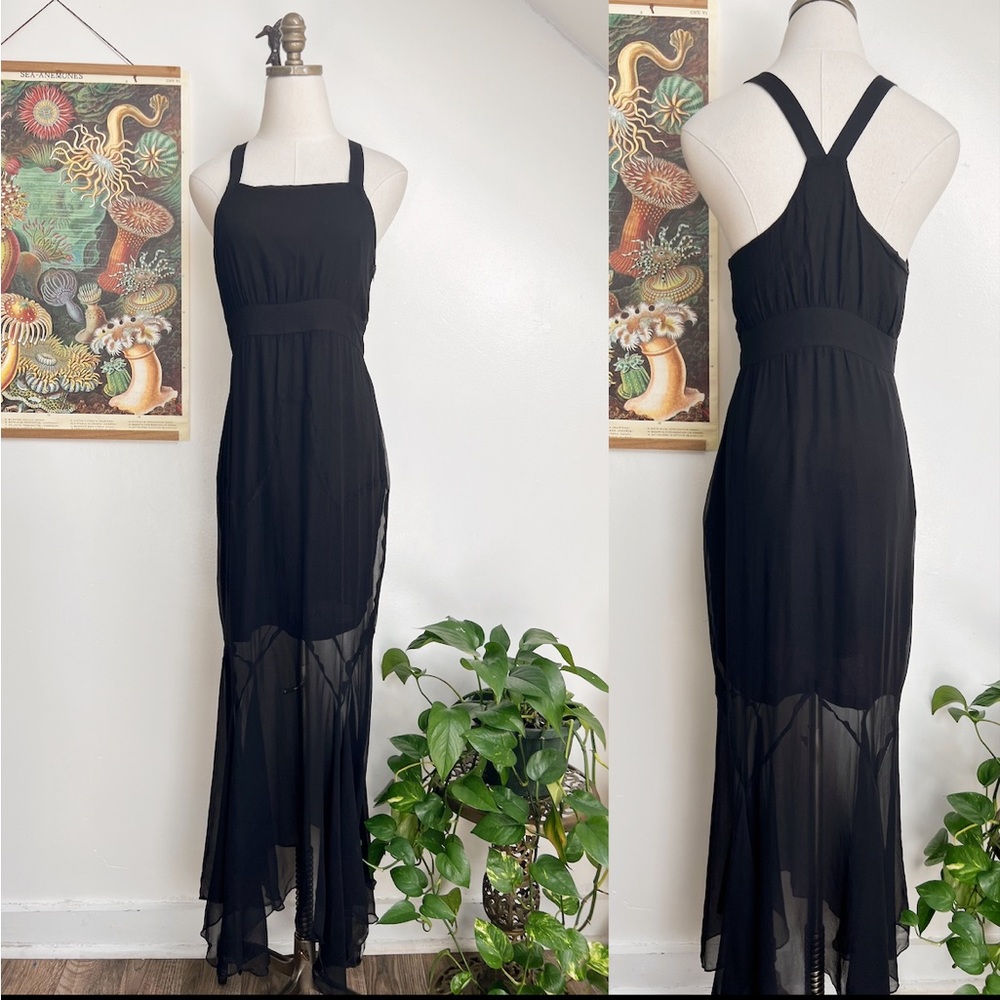 Parker Silk Halter Black Maxi Evening Cocktail Dress with Handkerchief Hemline
